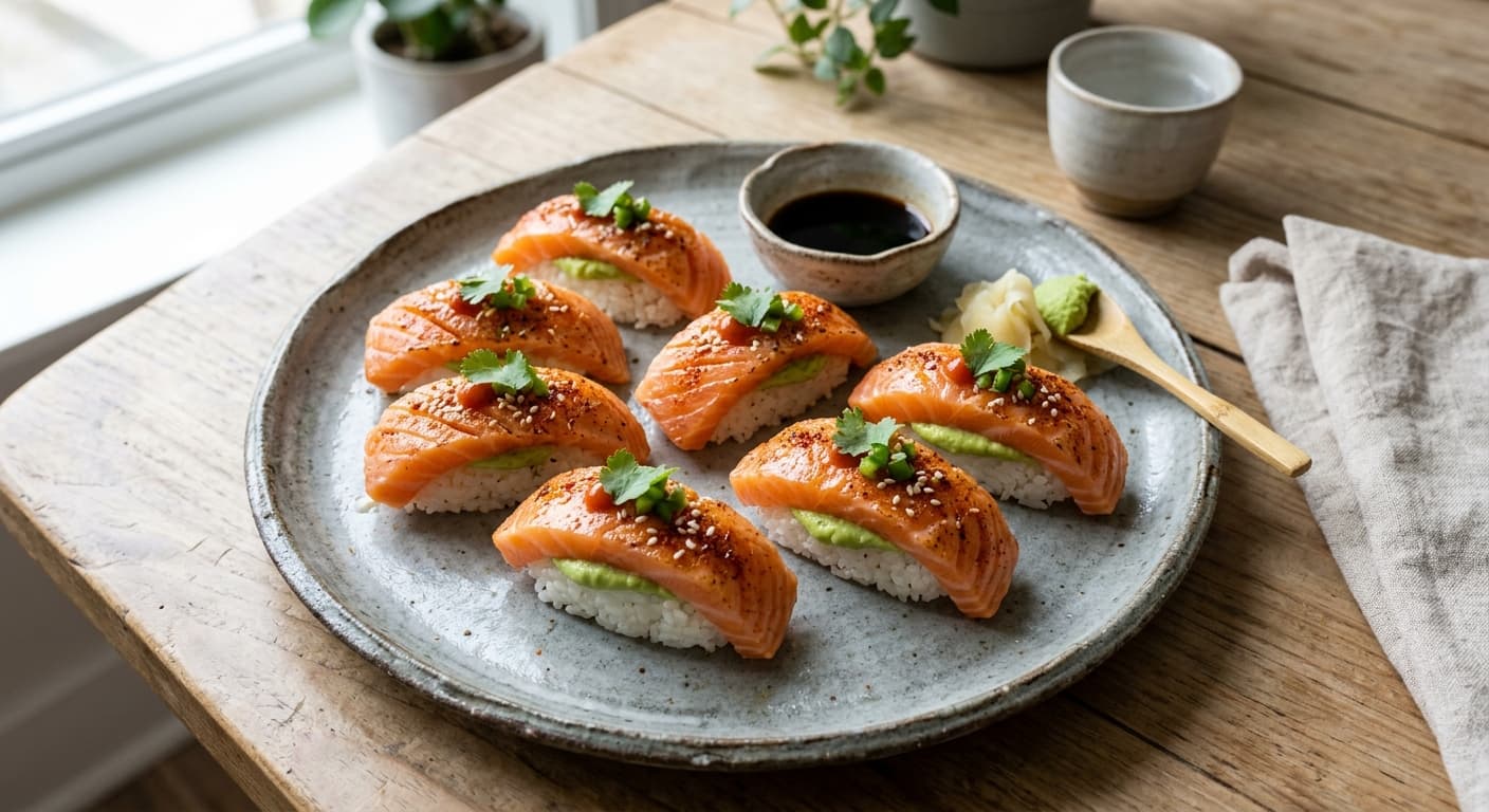 Spicy Mexican Salmon Nigiri with Avocado Mousse