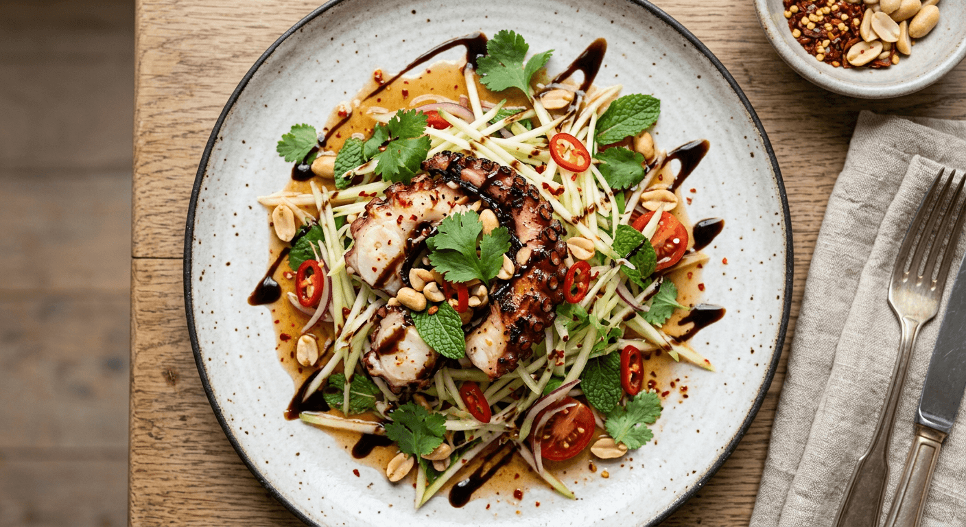 Spicy Papaya and Octopus Salad with Balsamic Glaze