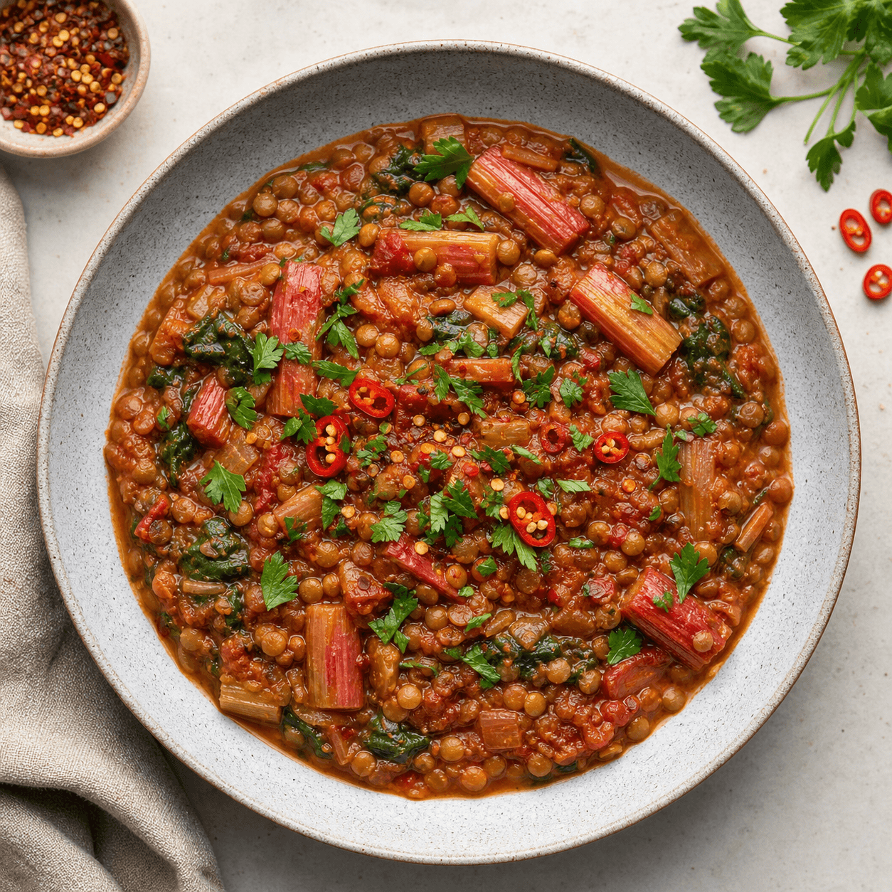 Spicy Rhubarb Lentil Stew (One-Pot Weeknight)