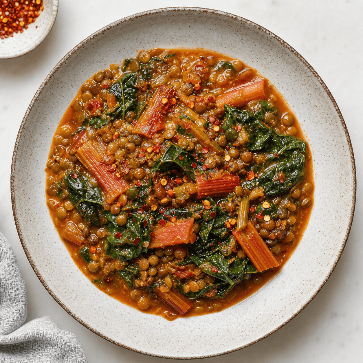 Spicy Rhubarb Lentil Stew with Mustard Greens