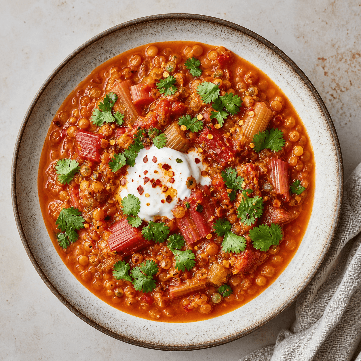 Spicy Rhubarb & Red Lentil Stew (Harissa Style)
