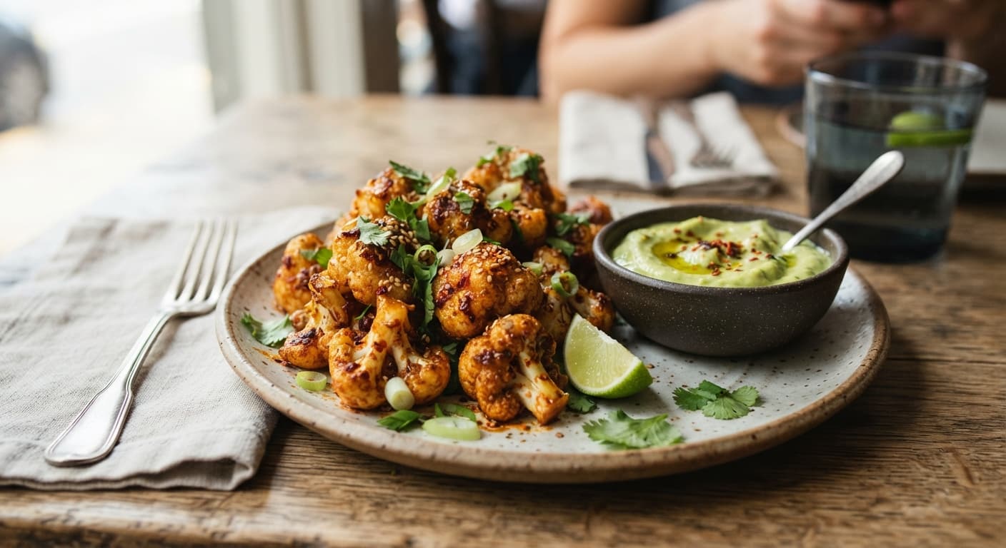 Spicy Roasted Cauliflower Bites with Avocado Lime Dip