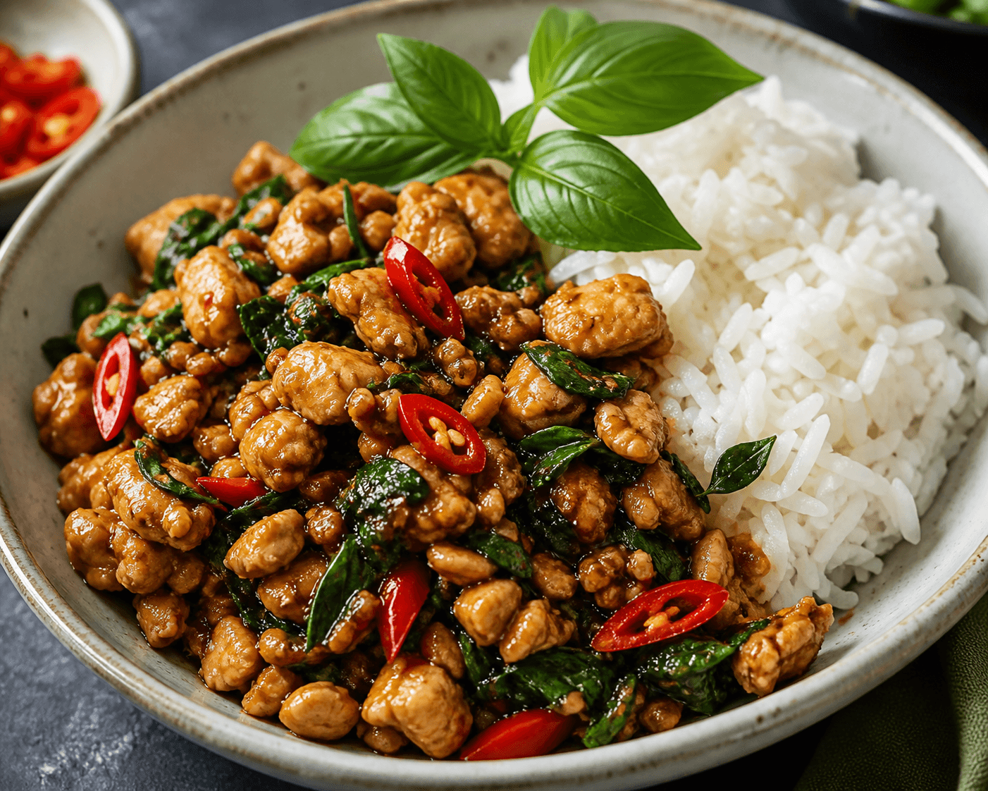 Spicy Thai Basil Chicken Rice Bowl (One-Pan Sauce)