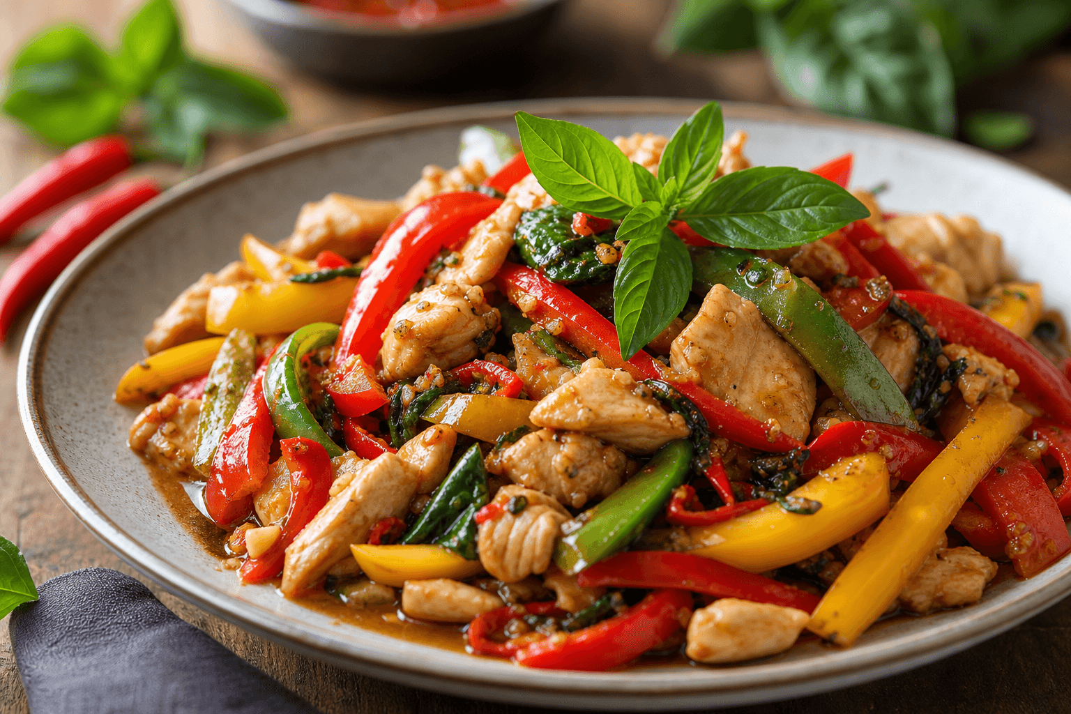 Spicy Thai Basil Chicken Stir-Fry with Bell Peppers