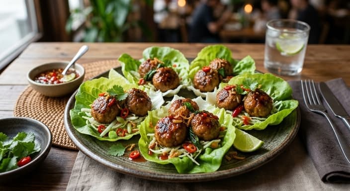 Spicy Thai Basil Pork Meatball Lettuce Wraps