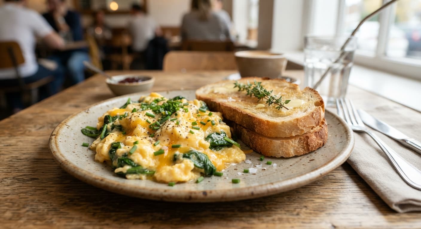 Spinach and Cheddar Scrambled Eggs with Toast