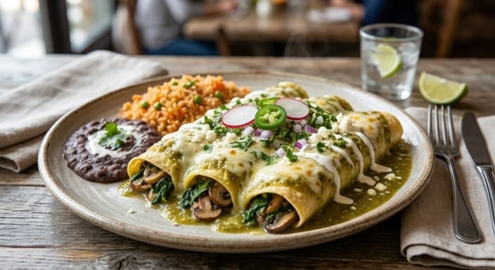 Spinach and Mushroom Enchiladas Verde
