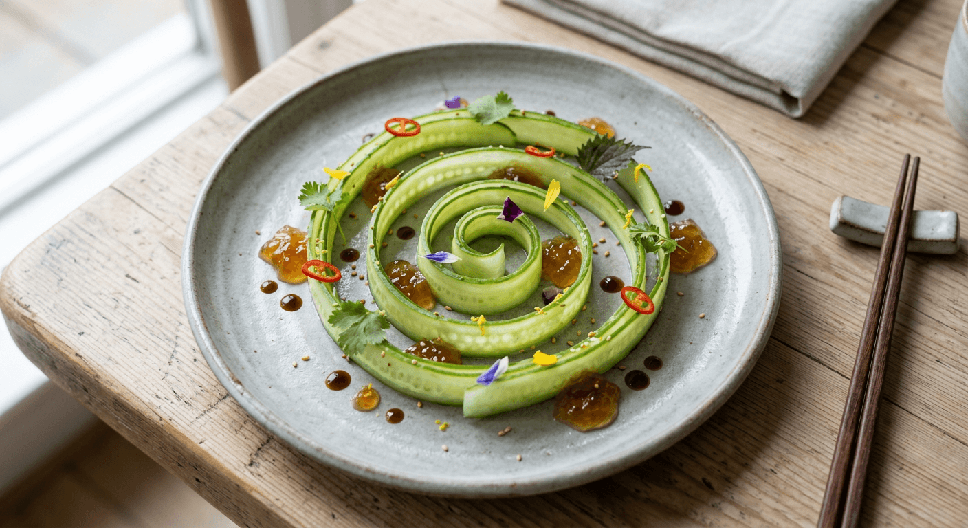 Spiral Plated Cucumber Sashimi With Yuzu Soy Gel
