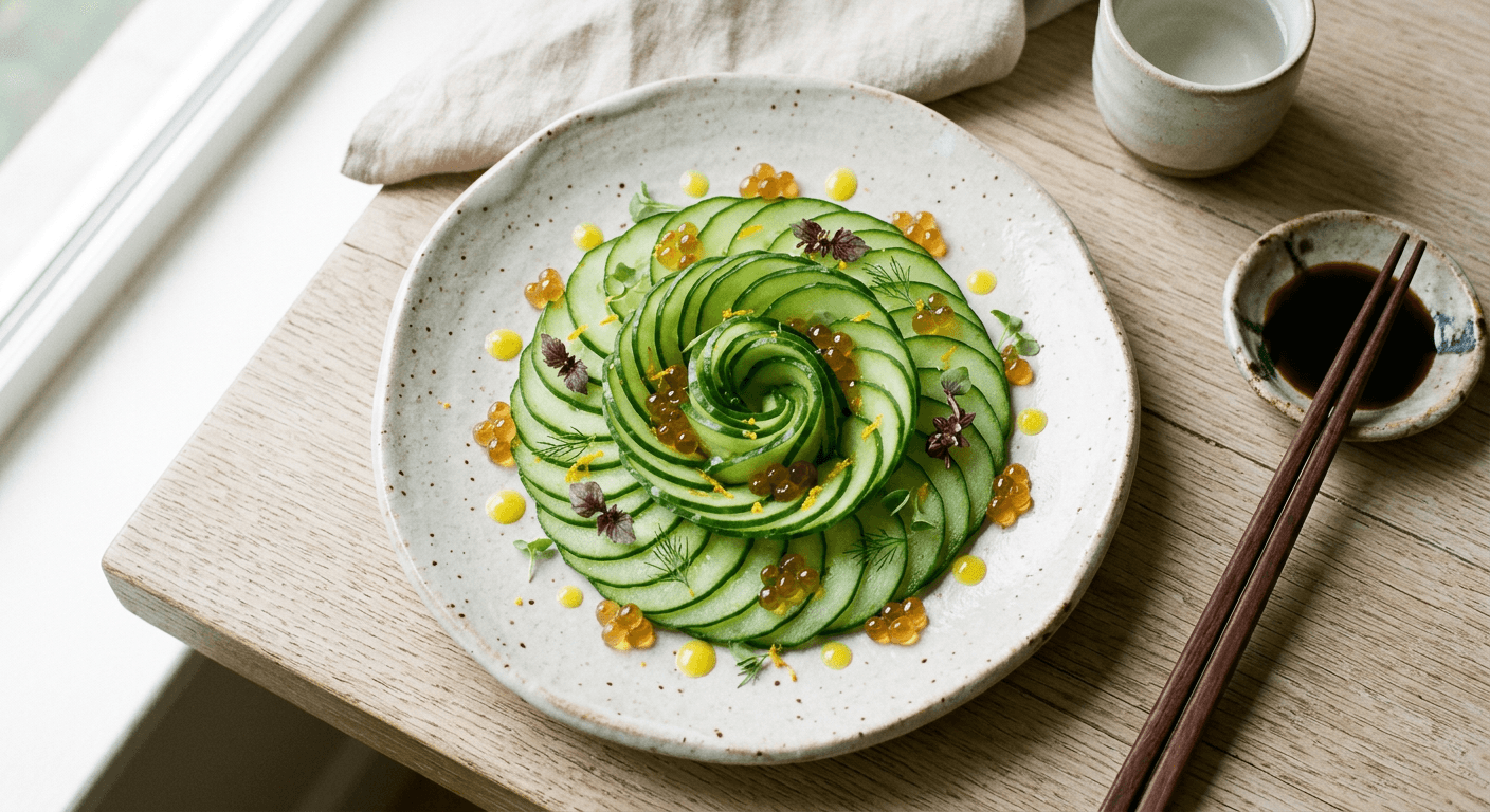 Spiral Plated Cucumber Sashimi With Yuzu Soy Gel