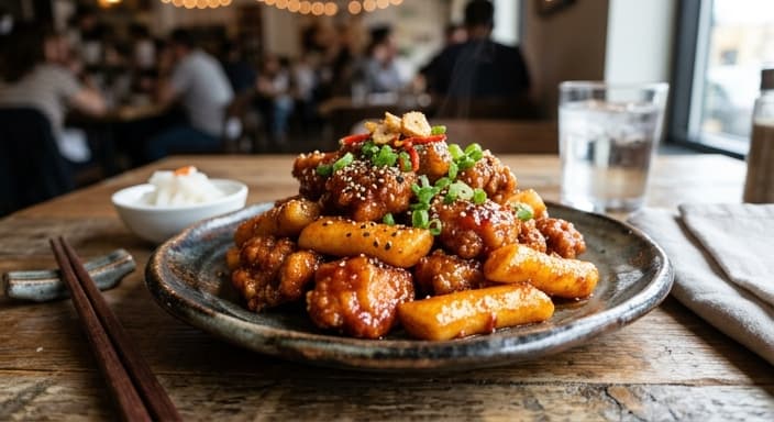 Sticky Gochujang Chicken Gangjung with Pan-Fried Rice Cakes