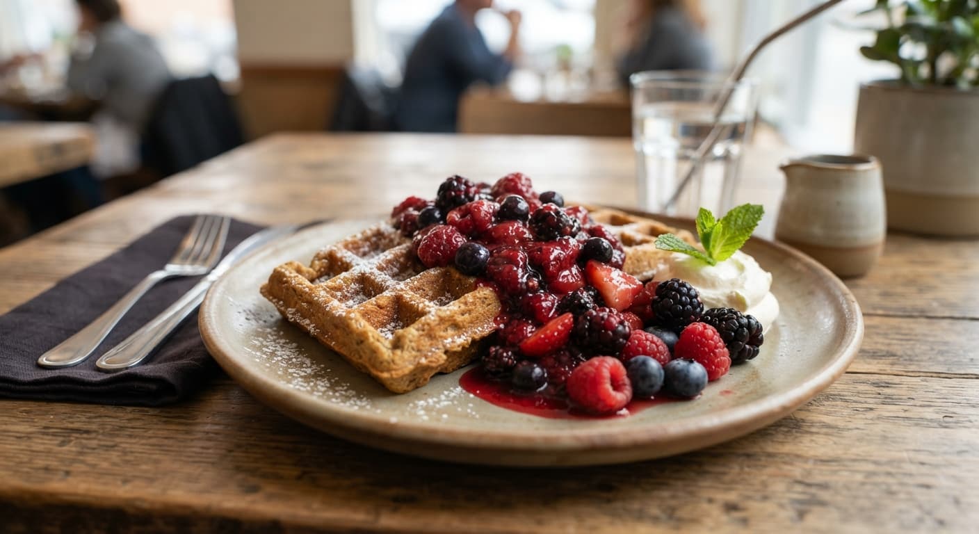 Sunflower Seed Flour Waffles with Berry Compote