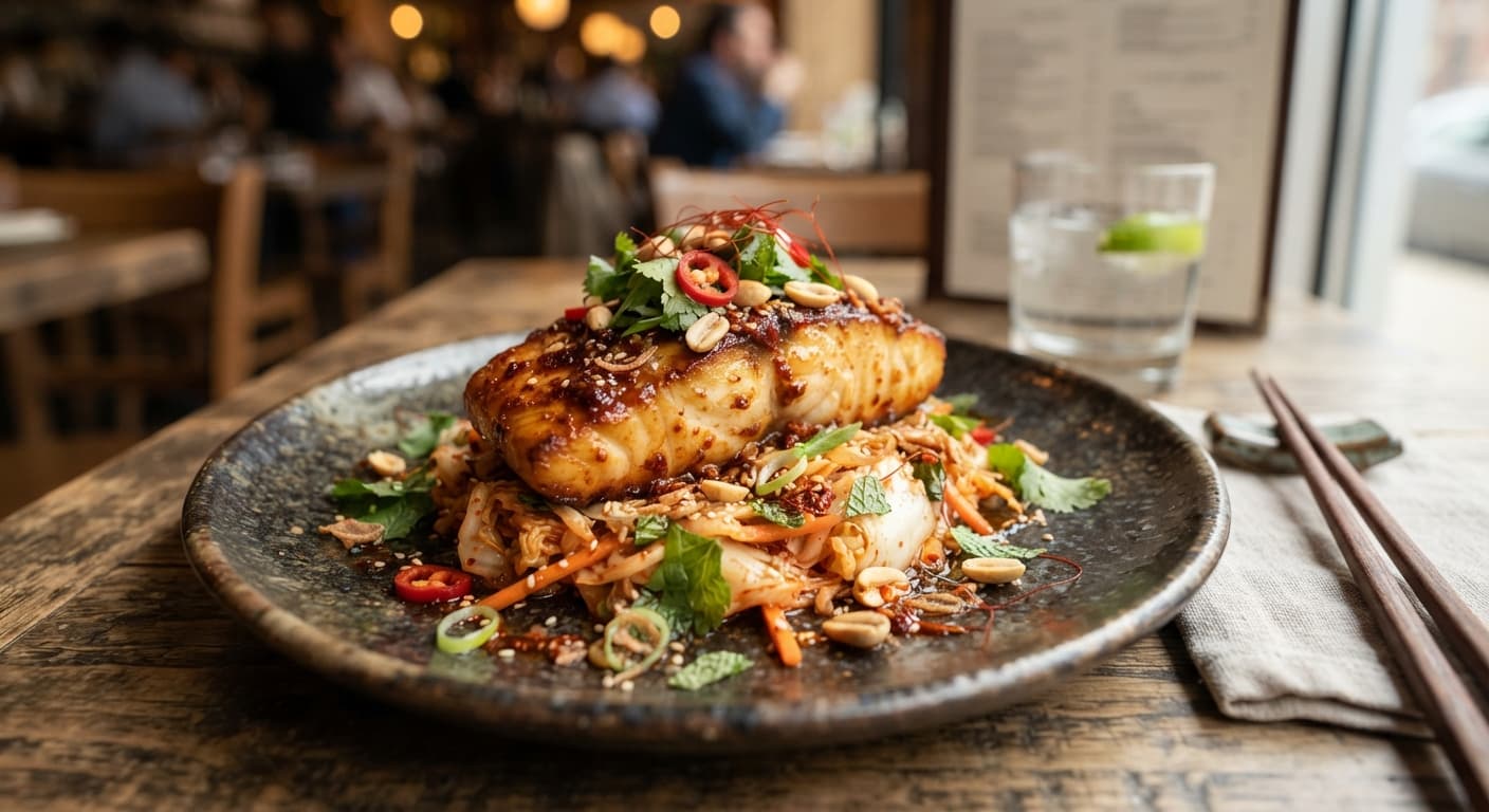 Szechuan‑Braised Halibut with Spicy Kimchi‑Style Slaw