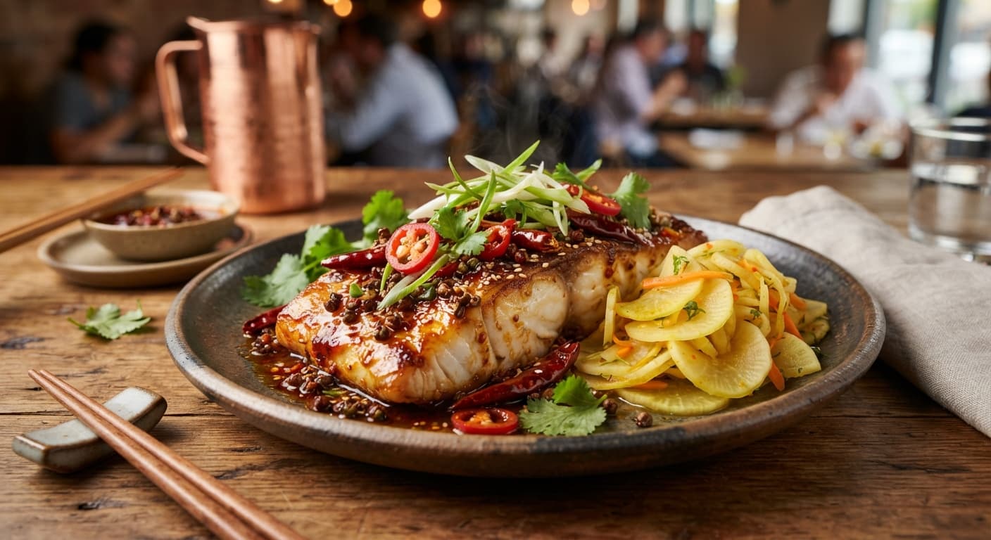 Szechuan Chili‑Roasted Sea Bass with Pickled Daikon