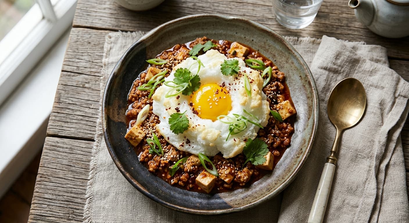 Szechuan Cloud Eggs with Mapo Tofu Mince