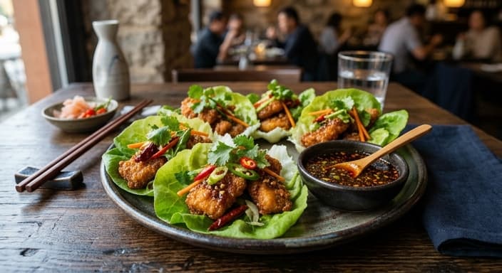 Szechuan Crispy Fish Lettuce Cups with Spicy Soy-Ginger Sauce