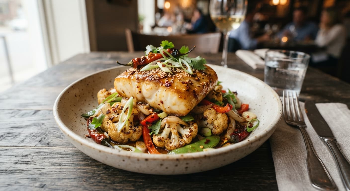 Szechuan‑Garlic Butter Halibut with Roasted Cauliflower