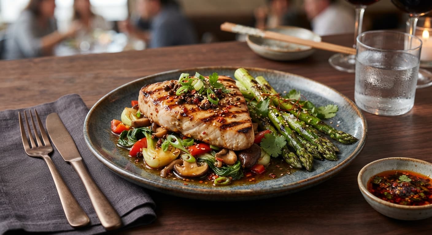 Szechuan‑Infused Grilled Swordfish with Asparagus