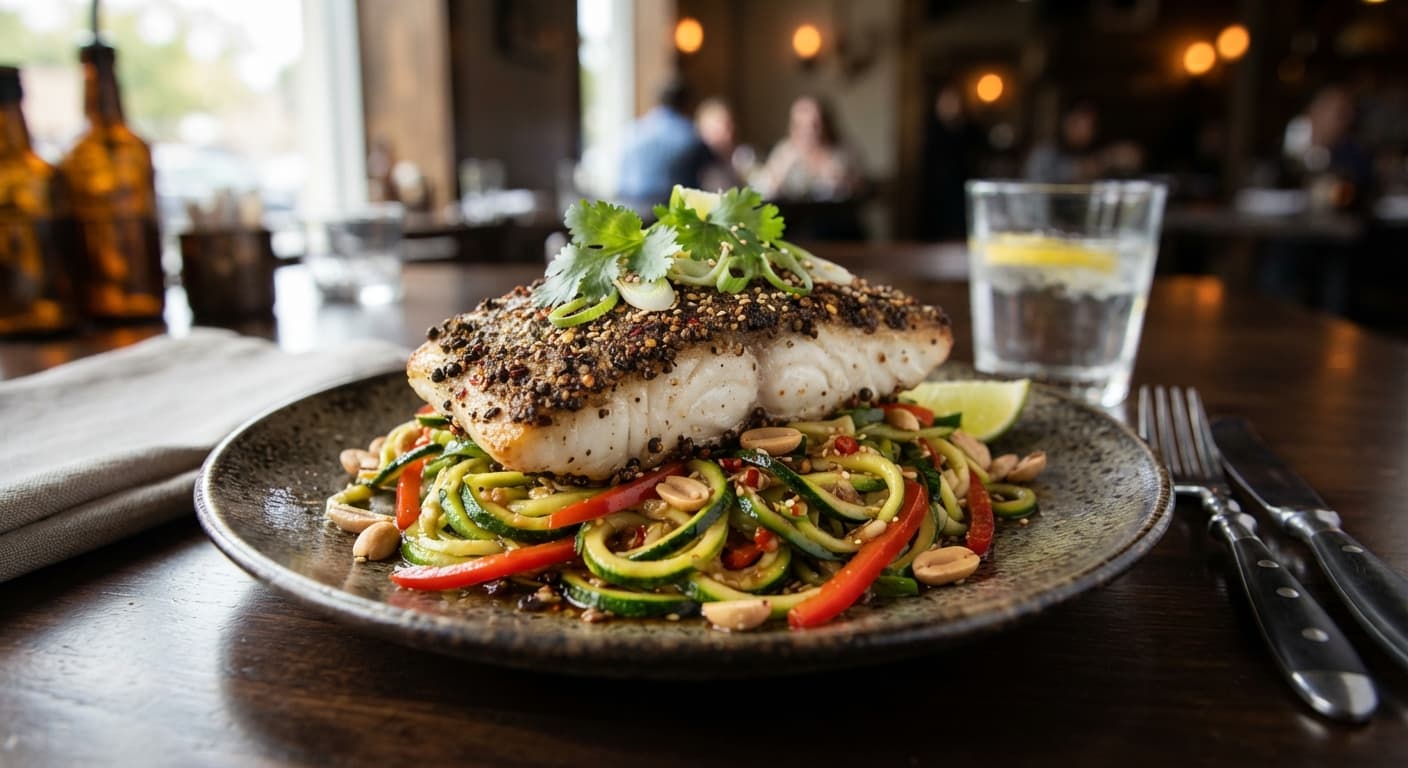 Szechuan‑Pepper Crusted Sea Bass with Zucchini Noodles