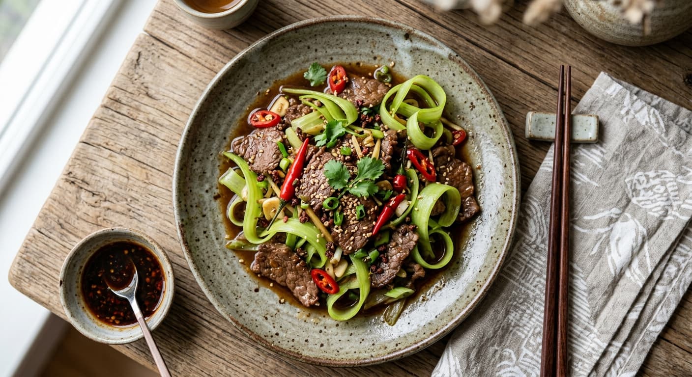 Szechuan Peppercorn Beef with Celery Ribbons
