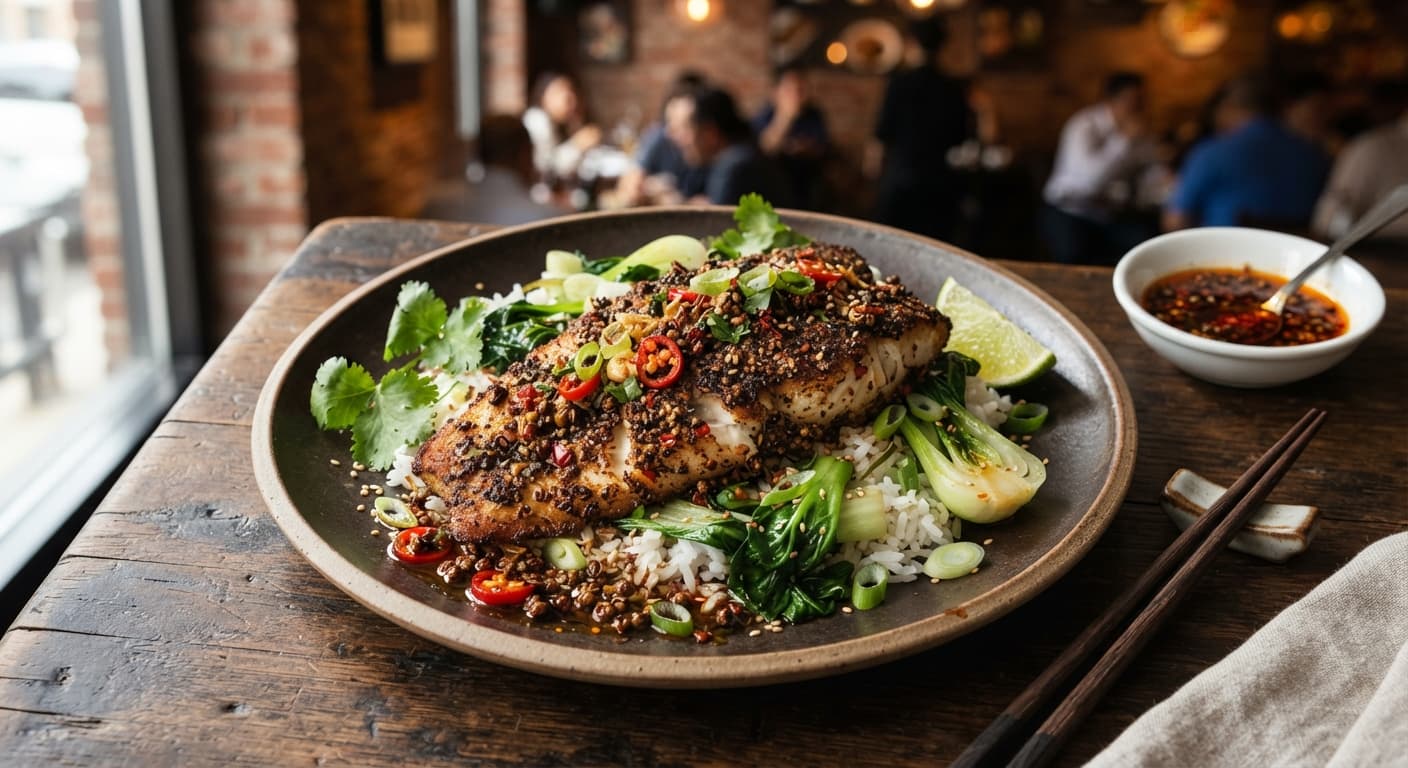 Szechuan Peppercorn Crusted Tilapia with Chili Garlic Oil