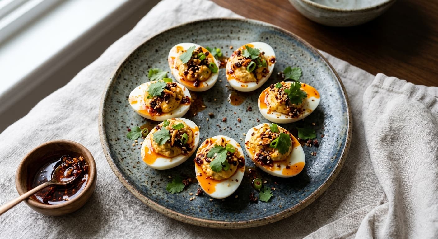 Szechuan Peppercorn Deviled Eggs with Crispy Chili Oil