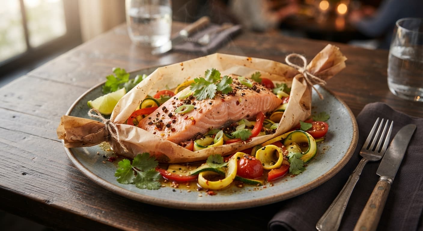 Szechuan‑Spiced Salmon en Papillote with Zucchini Ribbons