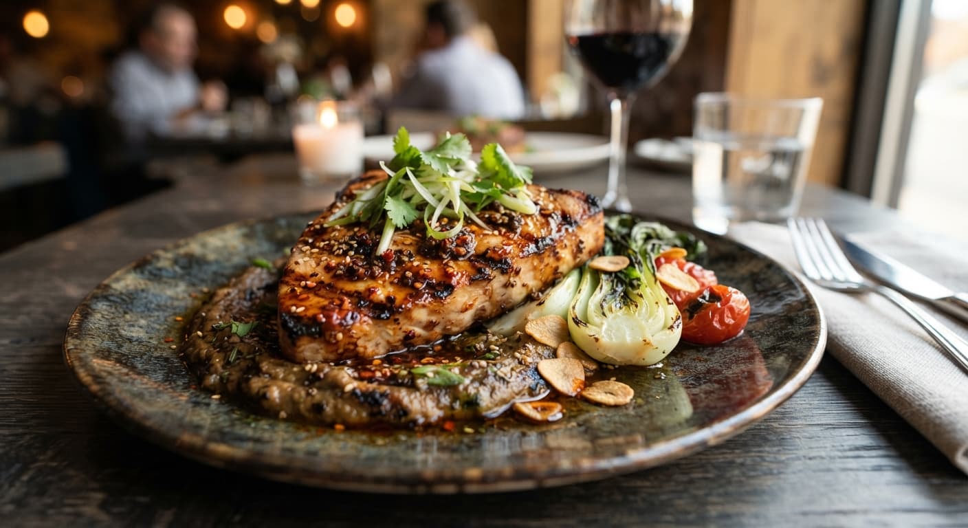 Szechuan‑Style Grilled Swordfish with Charred Eggplant Puree