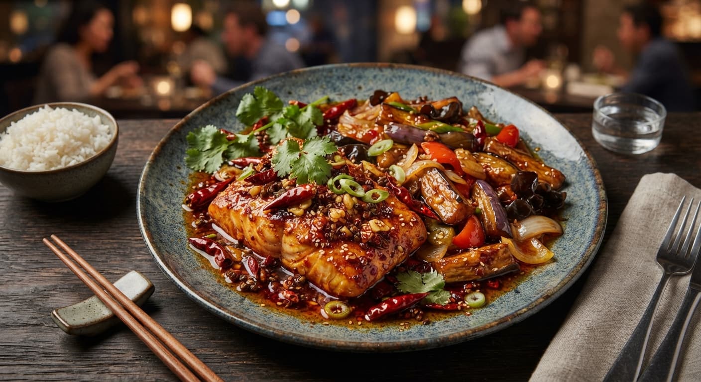 Szechuan‑Style Spicy Mahi‑Mahi with Eggplant Stir‑Fry