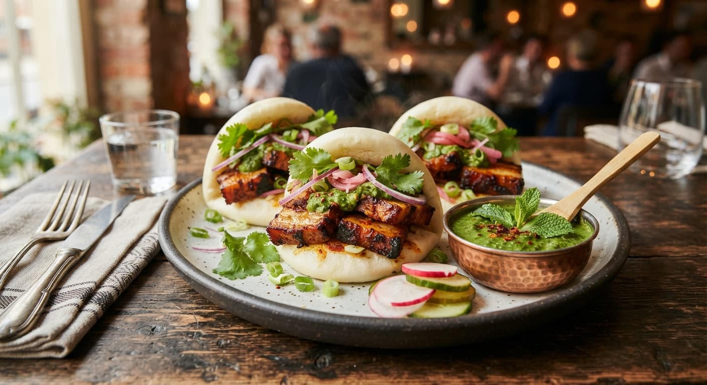 Tandoori-Spiced Pork Belly Bao with Mint Chutney