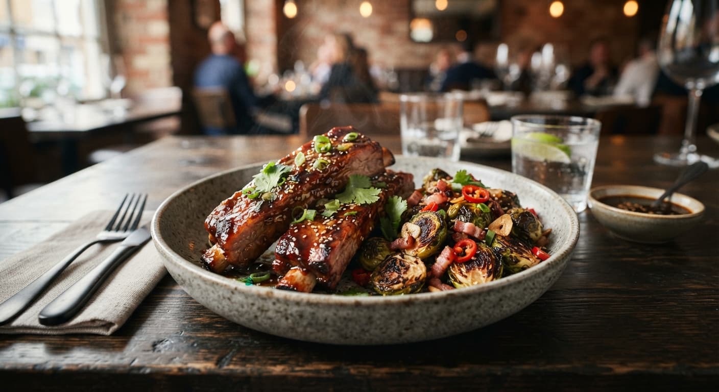 Teriyaki‑Braised Spare Ribs with Charred Brussels Sprouts