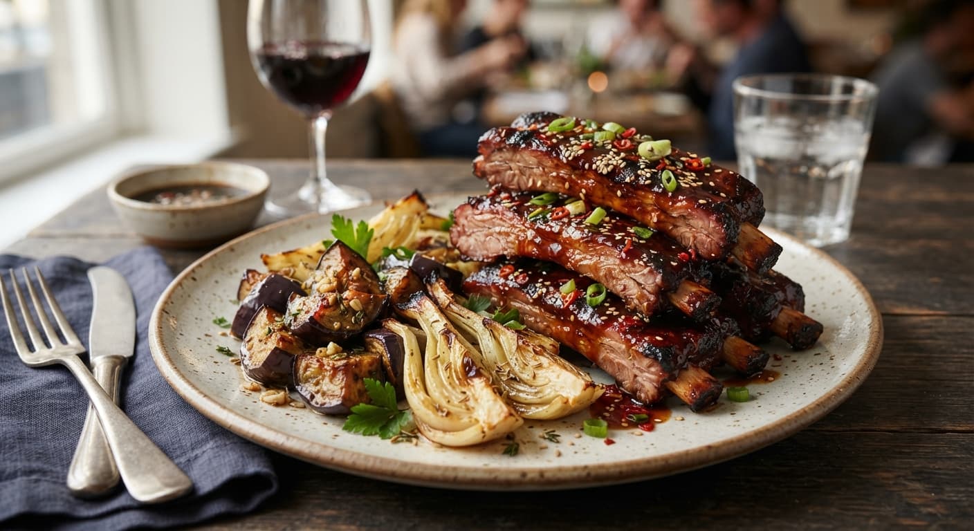Teriyaki‑Glazed Spare Ribs with Roasted Eggplant & Fennel