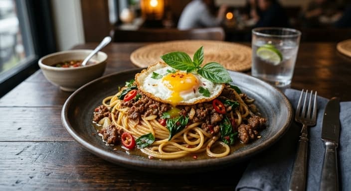 Thai Basil Beef Spaghetti (Pad Krapow Fusion)