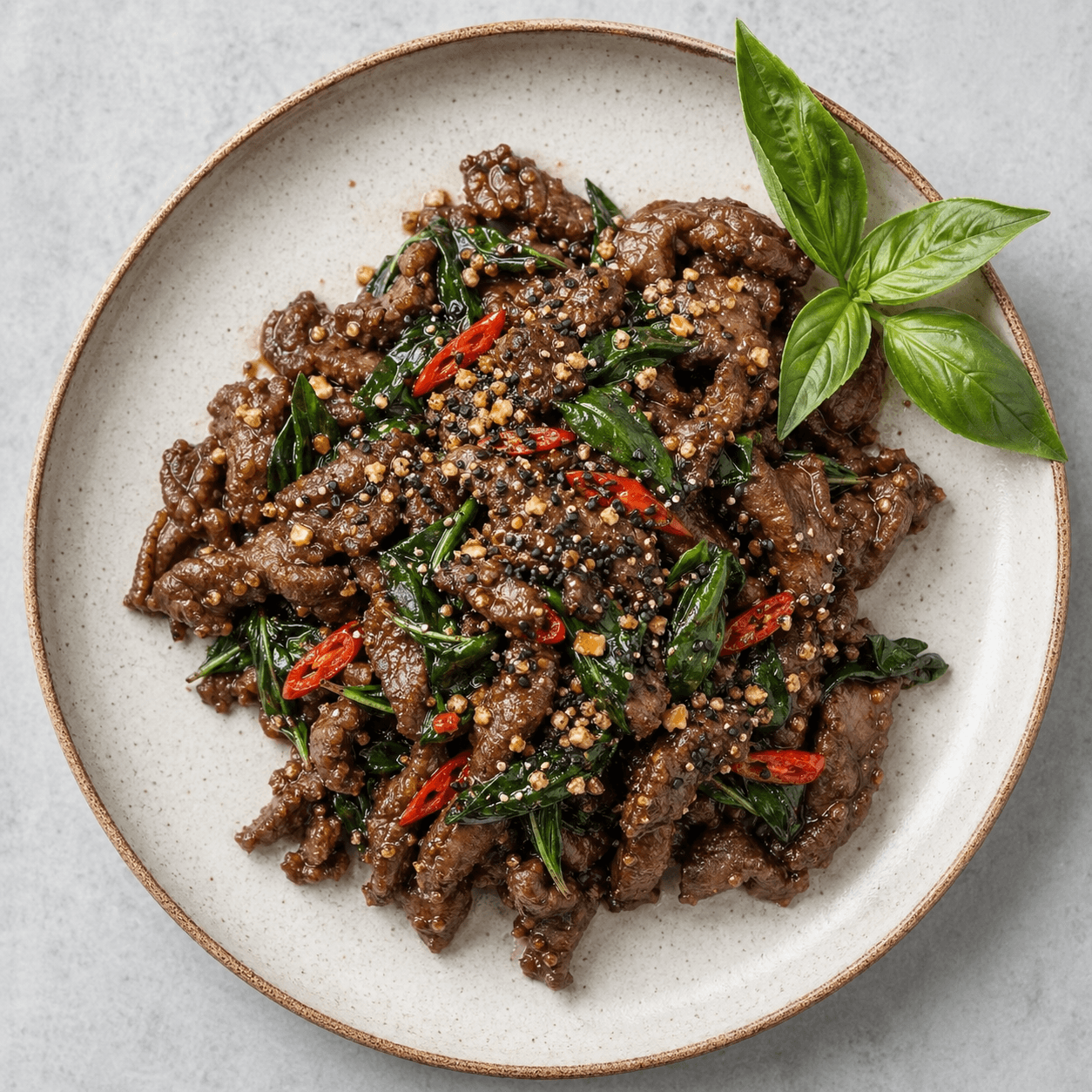 Thai Basil Beef with Poppy-Seed Crunch (Low-Carb)