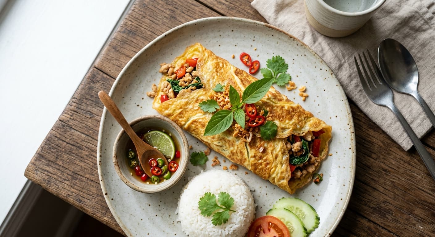 Thai Basil Chicken Egg-Wrapped Omelet (Kai Jeow)
