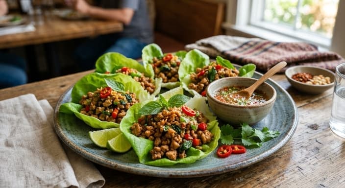 Thai Basil Chicken Lettuce Boats with Lime Garlic Sauce