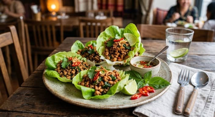 Thai Basil Chicken Lettuce Cups with Lime