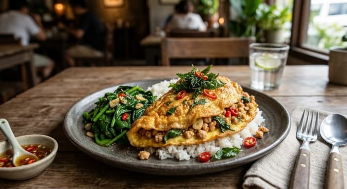 Thai Basil Chicken Omelet with Spinach Side