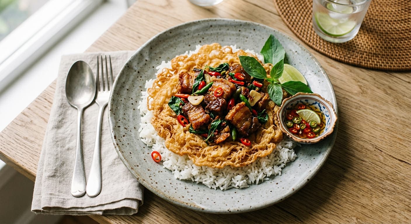 Thai Basil Egg Cloud with Crispy Pork Belly