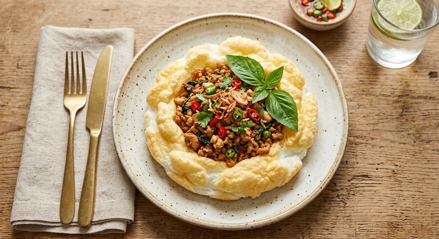 Thai Basil Egg Cloud with Minced Chicken