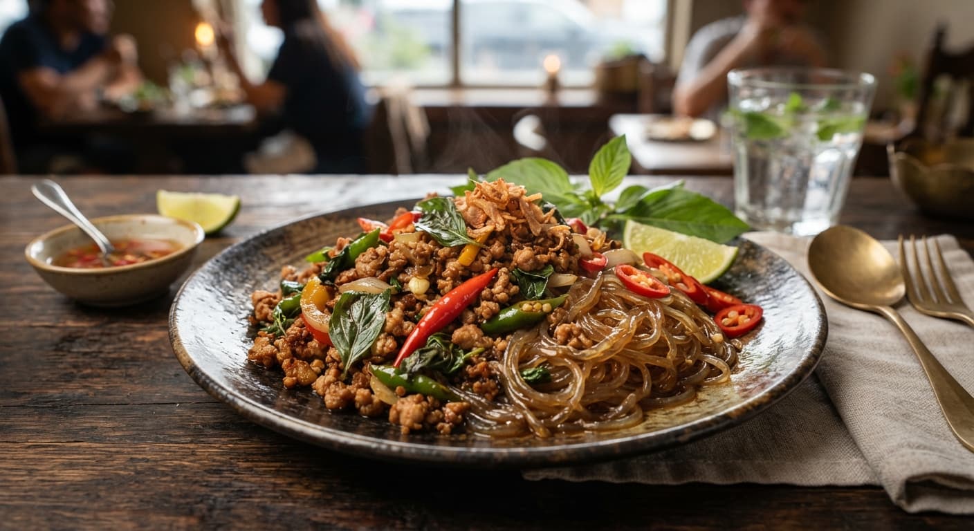 Thai Basil Pork Stir‑Fry with Shirataki Noodles