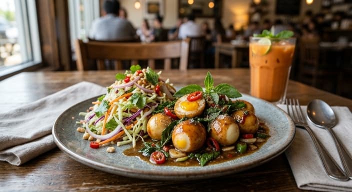 Thai Basil Quail Eggs with Chili-Lime Cabbage