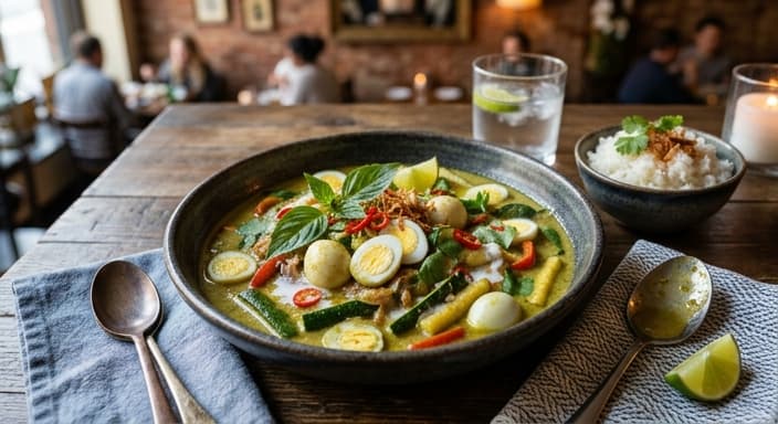 Thai Green Curry Quail Eggs with Coconut Zucchini