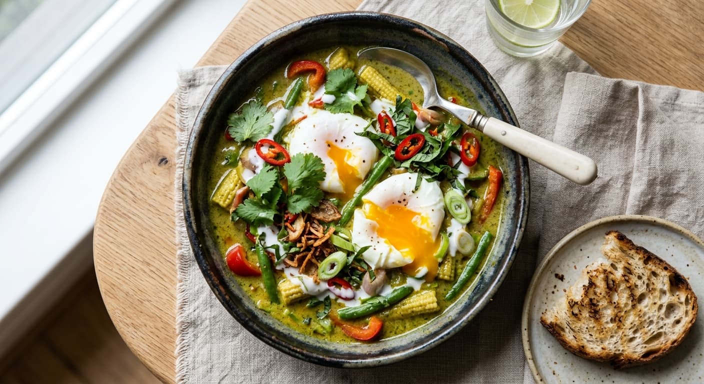 Thai Green Curry Shakshuka with Poached Duck Eggs