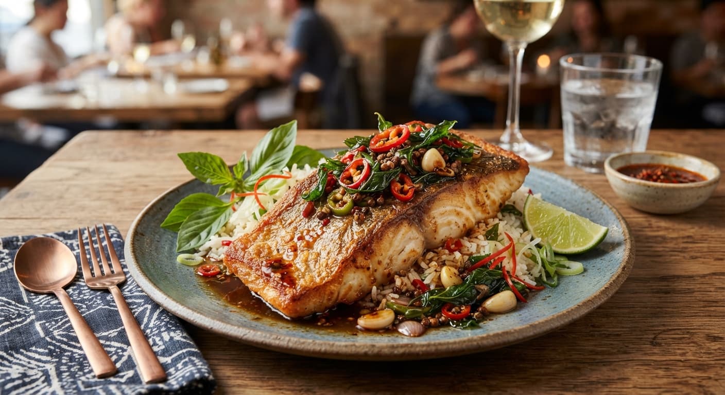 Thai-Inspired Szechuan Basil Catfish with Crispy Skin