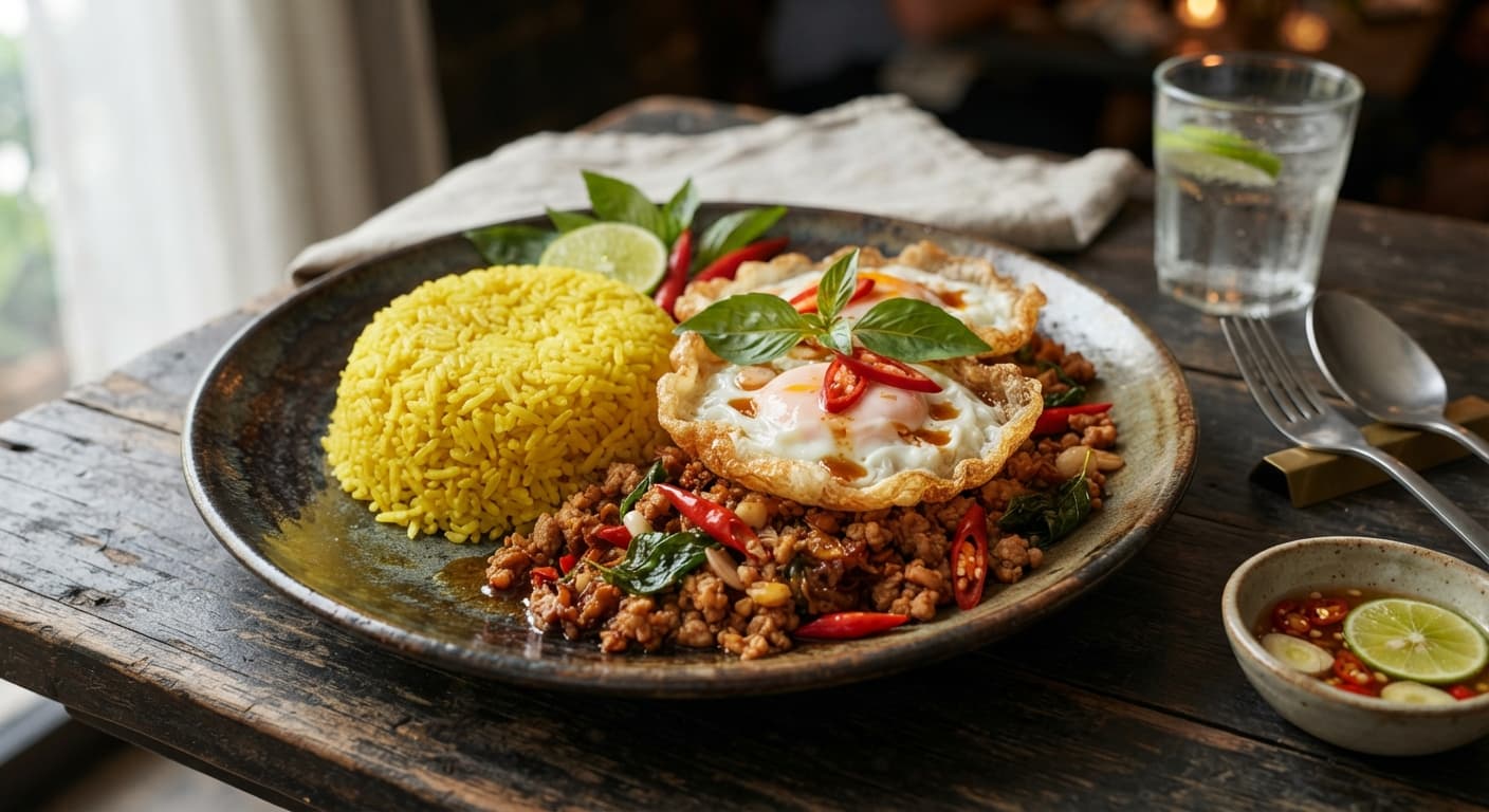 Thai-Style Chili Basil Eggs with Yellow Rice