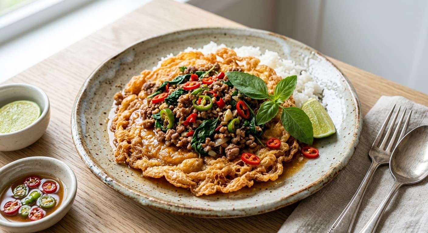 Thai-Style Crispy Omelet (Khai Jiao) with Basil Beef