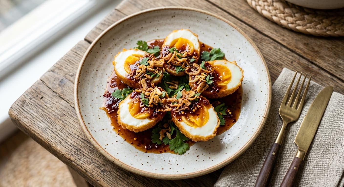 Thai-Style 'Son-in-Law' Eggs with Crispy Shallots and Chili Jam