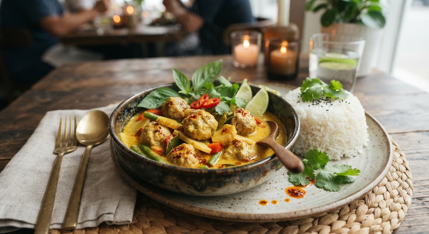 Thai Turkey Meatballs in Coconut-Galangal Curry with Jasmine Rice
