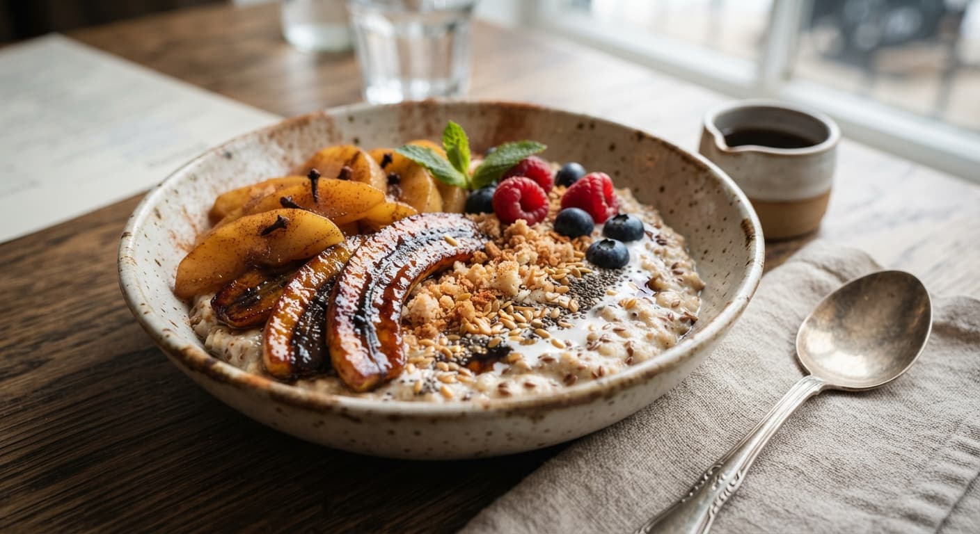 Toasted Coconut and Flaxseed Porridge with Caramelized Banana and Warm Spiced Apples