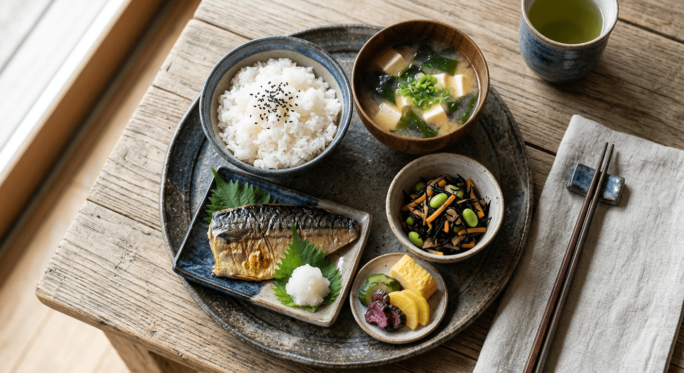 Traditional Japanese Ichiju Sansai Set Rice Soup And Three Sides 1771706878024 Zkds